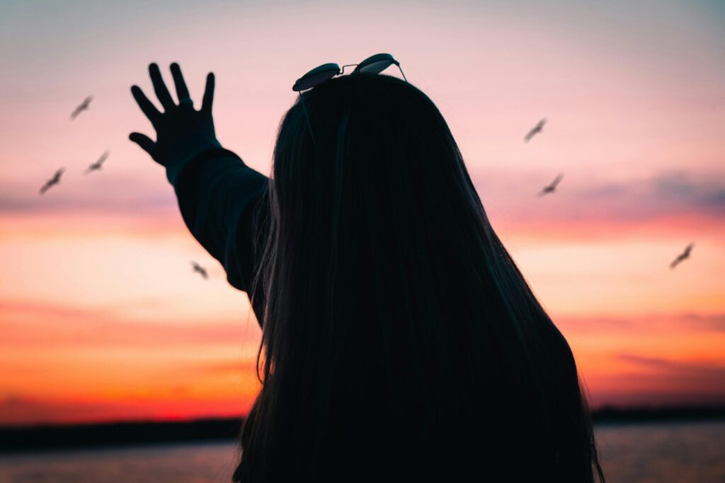 Silhouette of a woman reaching towards seagulls against a vibrant sunset sky.